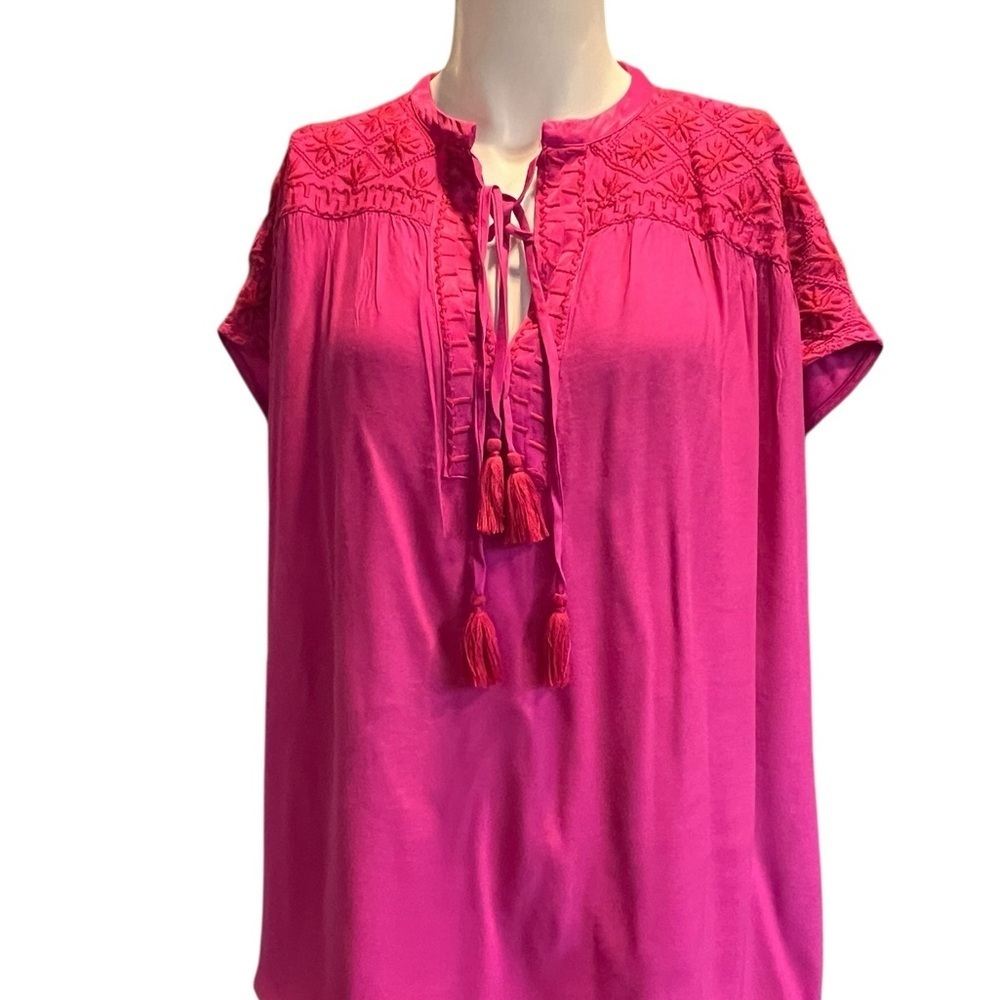 Johnny Was Pink Embroidered Tassel Blouse